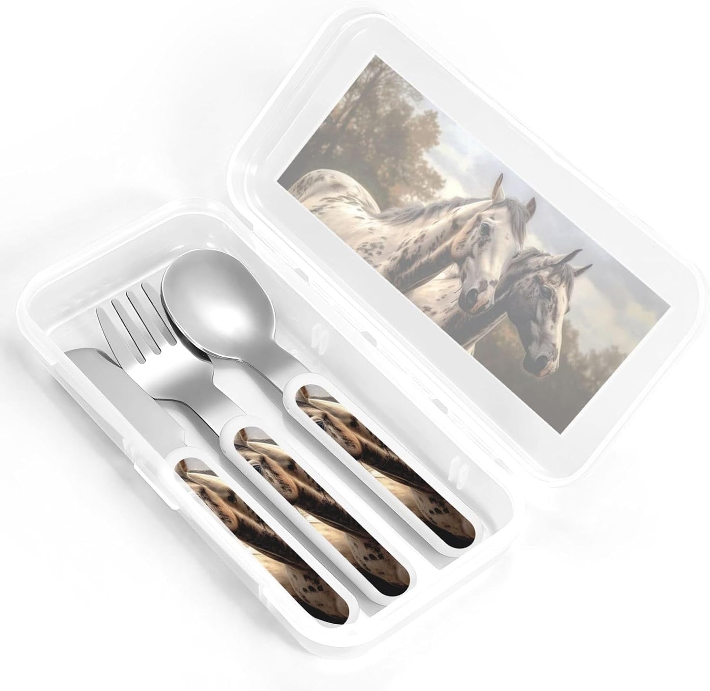 3-Piece Children Utensils Set Two horse Knife Spoon Fork Set Stainless Steel Silverware Set Easy-Grip Reusable Utensils Set Child Flatware Set with Case for Lunch Travel