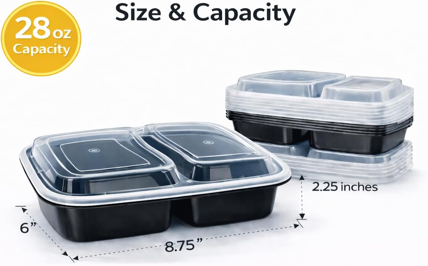 4U'LIFE 28 oz [Pack of 12] 2-Compartment Meal Prep Containers, Bento Boxes With Clear Lids