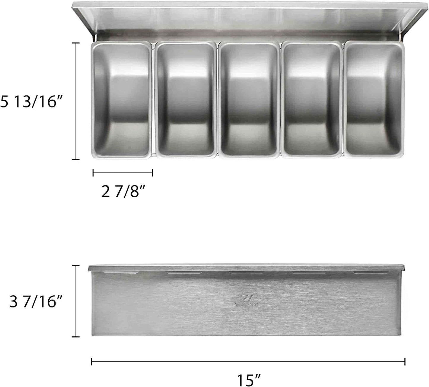 TrueCraftware- 5 Compartment Stainless Steel Condiment Bar (Open Bottom)- Condiment Dispenser Serving Container Garnish Tray Bar Caddy Condiment Server Caddy Garnish Holder for Home Work Restaurant