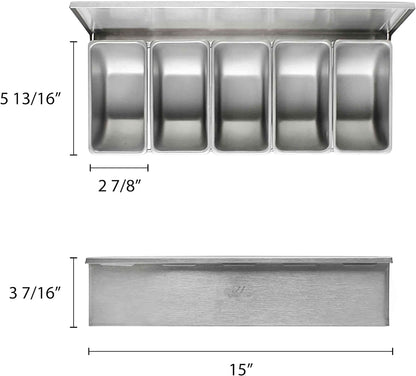 TrueCraftware- 5 Compartment Stainless Steel Condiment Bar (Open Bottom)- Condiment Dispenser Serving Container Garnish Tray Bar Caddy Condiment Server Caddy Garnish Holder for Home Work Restaurant