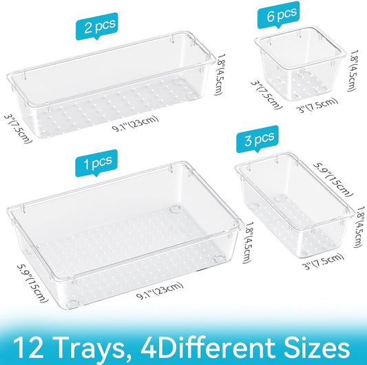 ElegantArray 12 PCS Drawer Organizer Set, 4 Sizes Tool Storage Trays, Clear Plastic Makeup Vanity Organizer and Storage Bins for Makeup, Stationeries, Multiple Gadgets for Bathroom, Office, Bedroom
