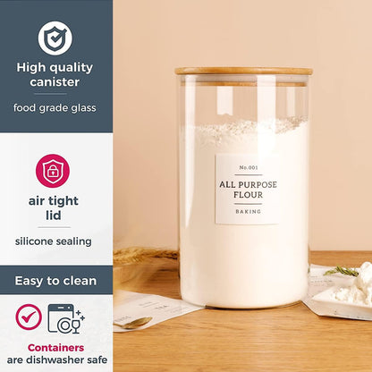 Large glass flour and sugar containers with 132 Kitchen Pantry Labels - 110 oz Glass Food Storage Containers with Airtight Lids - Square Glass Jars with Bamboo Lids for Rice, Pasta, Cookies, grain
