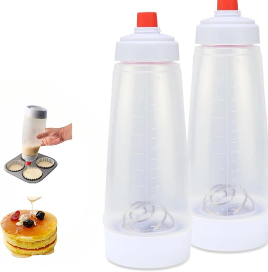 2 Pack Batter Mixer and Dispenser with Whisk Ball, 1000ml Silicone Squeeze Pancake Batter Dispenser and Mixer, Stand Base and Leak-proof Sealing Ring for Pancakes Crepes Waffle Muffins Cupcakes