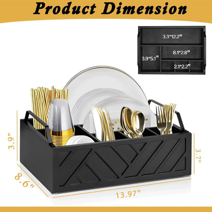 Paper Plate Dispenser with Utensil Caddy, Rustic Wooden 6-Compartment Flatware Organizer for Kitchen Counter, Picnic & Parties (Black)