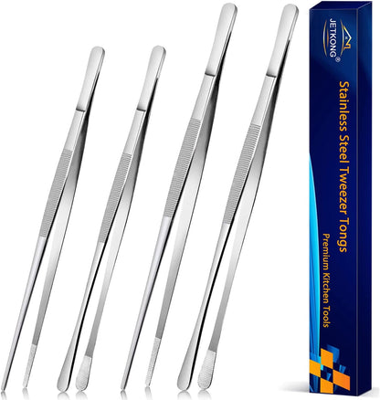 JETKONG 2 Pcs 12-Inch Kitchen Tweezers Tongs with Precision Serrated Tips, Stainless Steel Chef Tweezer Professional Cooking Tweezers for BBQ, Plating and Serving (12-Inch, Black)