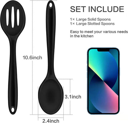 Silicone Nonstick Spoon Set, Slotted & Solid Cooking Spoon 2PCS For Cooking Heat Resistant kitchen Rubber Spoons For Mixing, BPA Free (Casual Black)