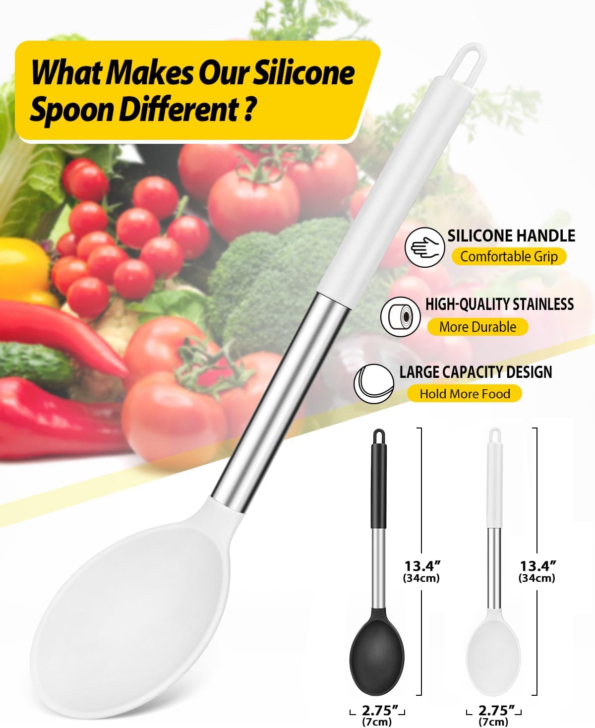 Pack of 2 Large Silicone Cooking Spoon Non Stick Solid Basting Spoons Heat-Resistant Kitchen Utensils for Mixing Serving (Gray-Blue)