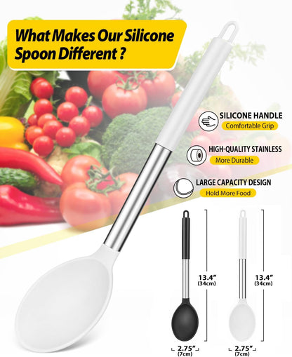 Pack of 2 Large Silicone Cooking Spoon Non Stick Solid Basting Spoons Heat-Resistant Kitchen Utensils for Mixing Serving (Gray-Blue)