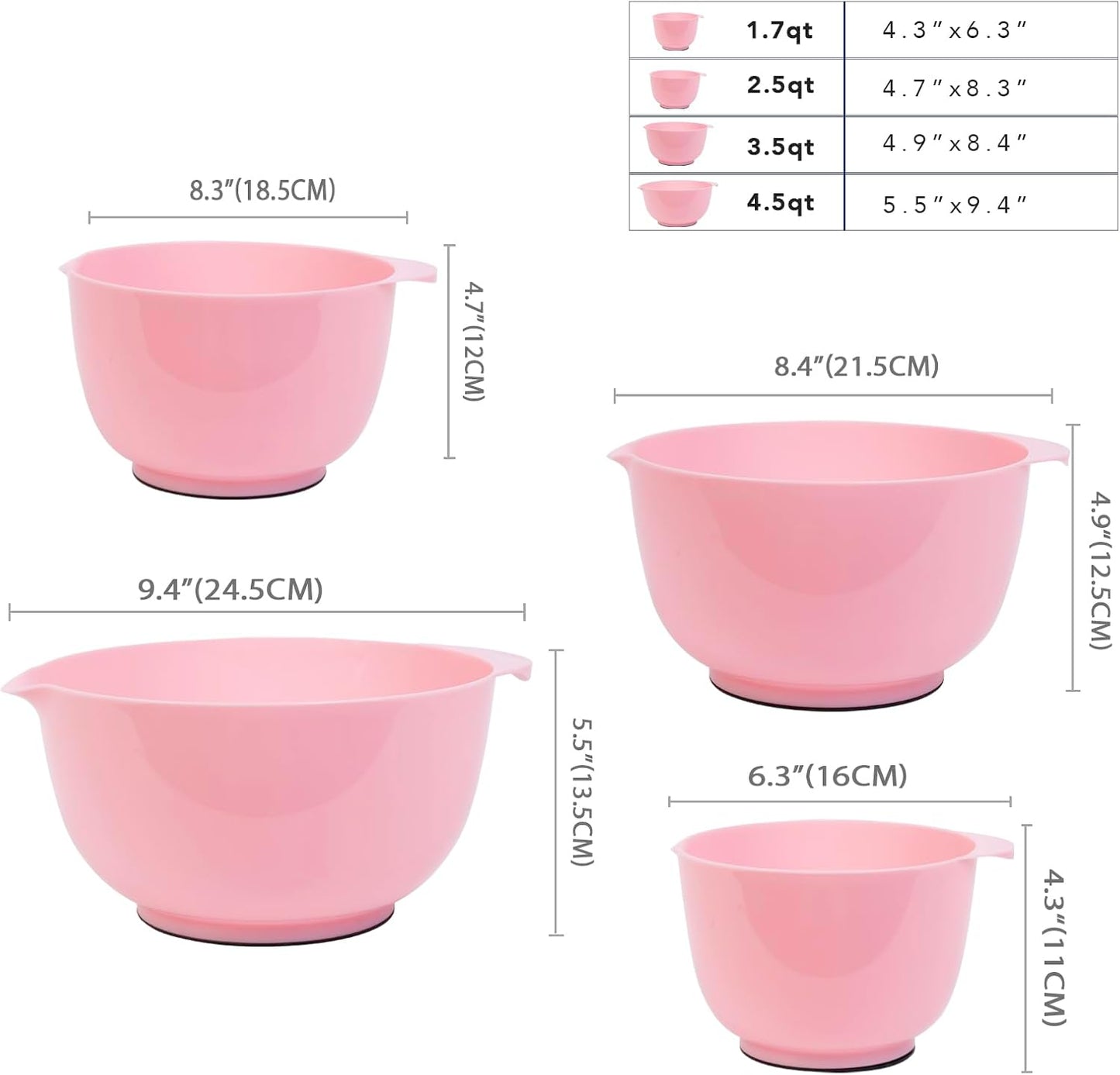 BoxedHome Nesting Plastic Mixing Bowl Set With Pour Spout, Microwave and Dishwasher Safe, BPA free Non-Slip Base, Set of 4 Size 1.7, 2.5, 3.5 and 4.5qt, Great for Prepping, Baking, Cooking (Dark Blue)