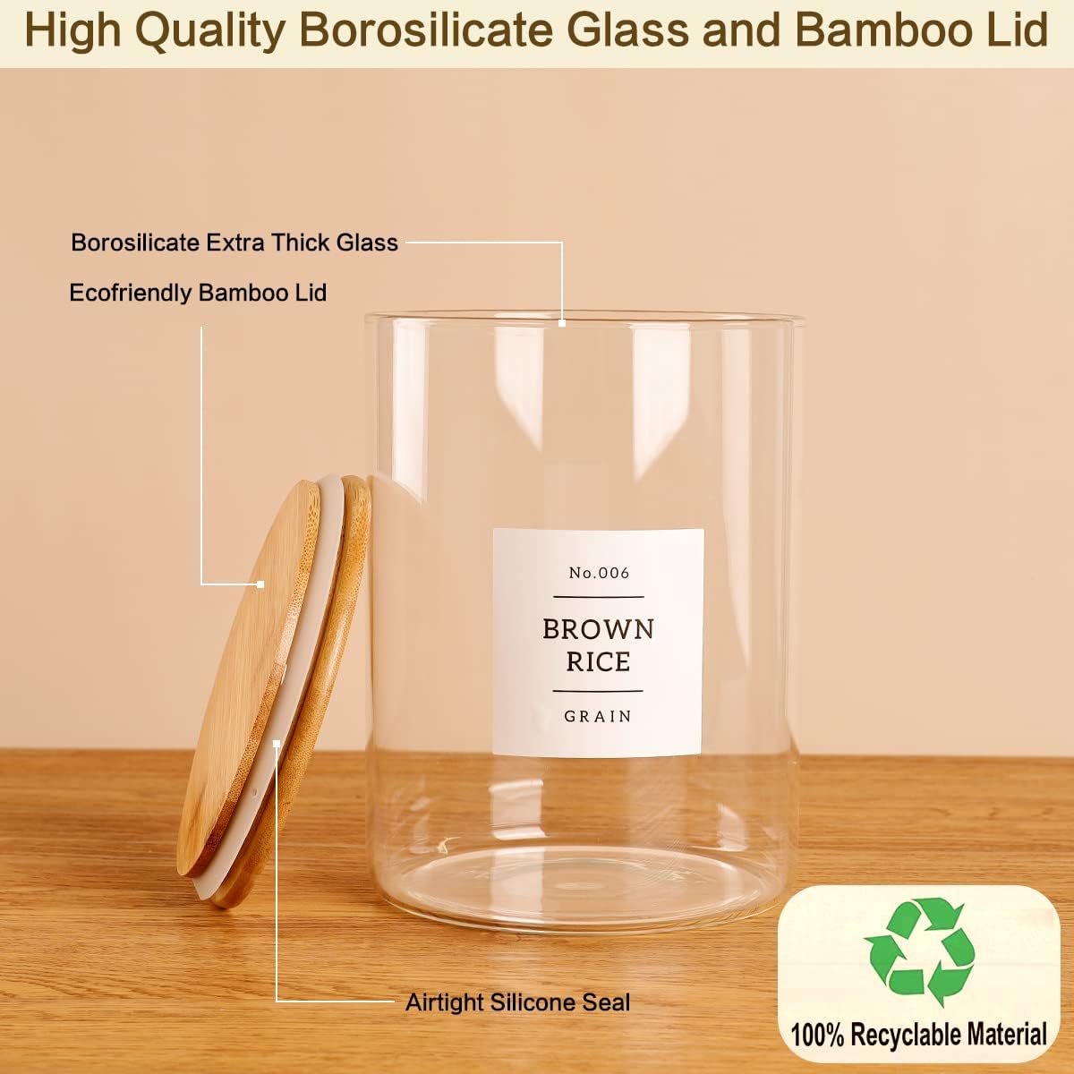 Large glass flour and sugar containers with 132 Kitchen Pantry Labels - 110 oz Glass Food Storage Containers with Airtight Lids - Square Glass Jars with Bamboo Lids for Rice, Pasta, Cookies, grain