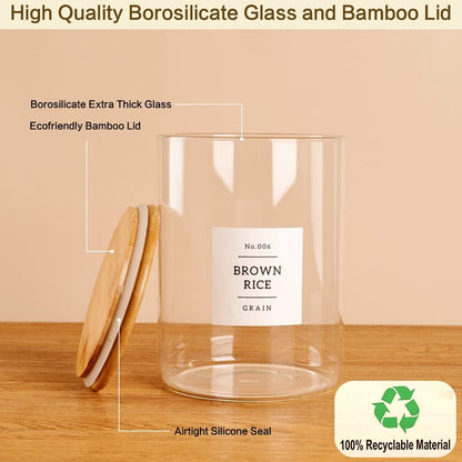 Large glass flour and sugar containers with 132 Kitchen Pantry Labels - 110 oz Glass Food Storage Containers with Airtight Lids - Square Glass Jars with Bamboo Lids for Rice, Pasta, Cookies, grain