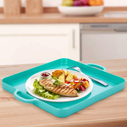 i BKGOO Foodservice Red Plastic Tray with Handle Set of 2 Large Melamine Cube Serving Platters for Parties, Table, Kitchen Size(12.5"x12.5"x1")