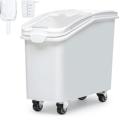 DWVO 21 Gal Large Ingredient Storage Bin, Flour Rice Food Storage Containers Bin with 500 Cups, Commercial Bins with 360° Wheels, Scoop and Lid for Kitchen, White