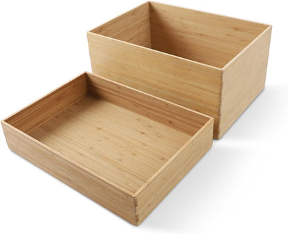 BAMOTTO CRAFTBAMBOO 2-Piece Large Bamboo Storage Box Set - 7.1in High Stackable Deep-Drawer Organizer, Lidless Bin for Kitchen Cutlery Utensils, Home & Office (14.6"x10.2"x7.1"+14.6"x10.2"x3.1")