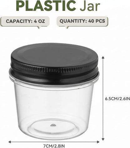 novelinks 4 oz Small Plastic Jars with Lids, 40 Pack Mini Plastic Mason Jars with Lids 4oz, Craft Storage Containers & Canning Jars & Small Spice Jars for Kitchen Organization (40 Pack,Black)