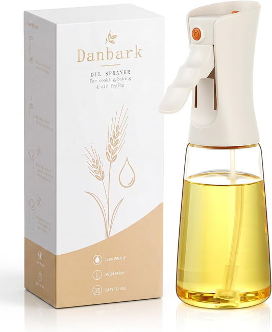 Danbark Oil Sprayer for Cooking, 9.5oz(280ml) Glass Olive Oil Spray Bottle, 1g Per Spray Wide Angle Mist, Travel Lock, Ergonomic Grip for Air Fryer, BBQ, Salad and Grilling（White）