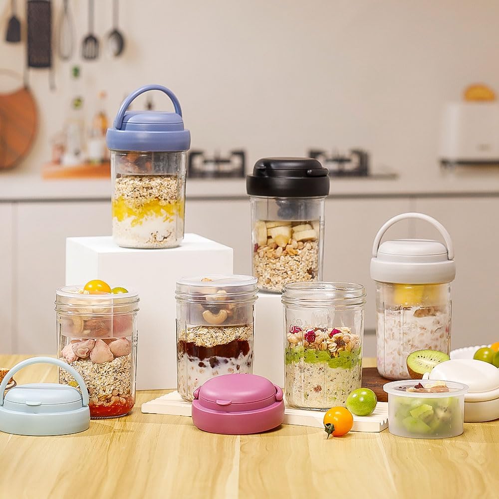 2 Pack Overnight Oats Containers with Lids and Handles, Folding Spoons & Divided Compartments for Fruit & Nuts, 16oz Mason Jars for Oatmeal Yogurt Container Chia Pudding Jars with lids (Cream 2pcs)