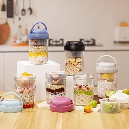 2 Pack Overnight Oats Containers with Lids and Handles, Folding Spoons & Divided Compartments for Fruit & Nuts, 16oz Mason Jars for Oatmeal Yogurt Container Chia Pudding Jars with lids (Cream 2pcs)