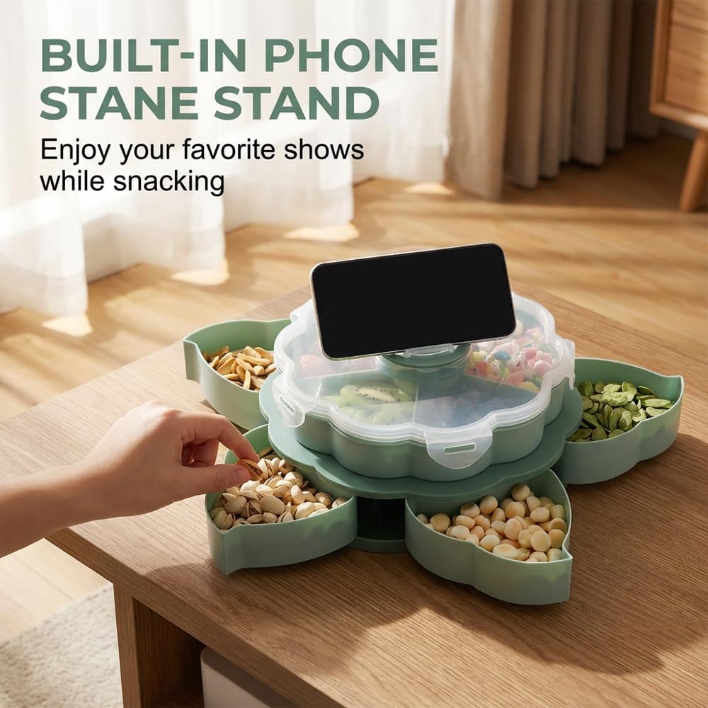Divided Serving Tray that Spins, Rotating Snack Box Container with Lid for Snacks, Cake, Fruit, Veggie, Dips & Party Appetizers, Lazy Susan Snackle Box Container (Double Layer)