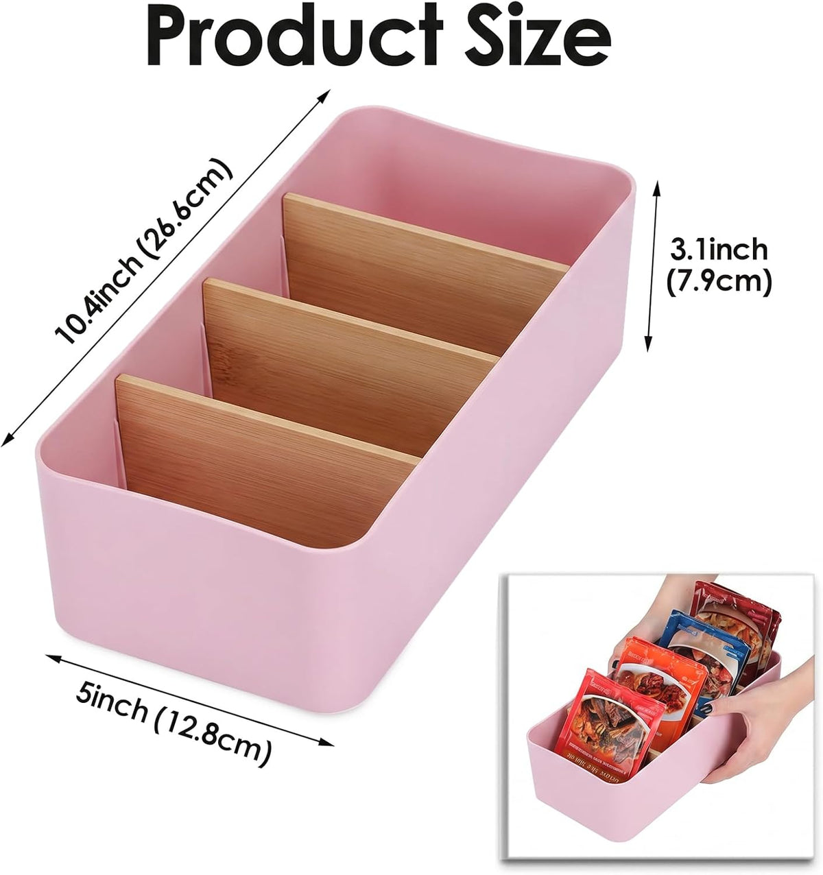BSTKEY Seasoning Packet Organizer, Food Storage Organizer with Divided 4 Bamboo Wood Compartments, Black Plastic Storage Caddy for Pantry Cabinet, Kitchen Organization Bin for Snacks Spice Packets