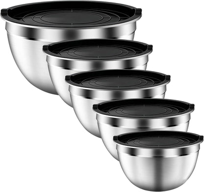 Mixing Bowls with Airtight Lids Set, 5 PCS Stainless Steel Khaki Nesting Bowls for Kitchen, Large Prep Metal Mixing Bowls for Kitchen, 5.5/4/3.5/2/1.5 QT for Mixing & Serving