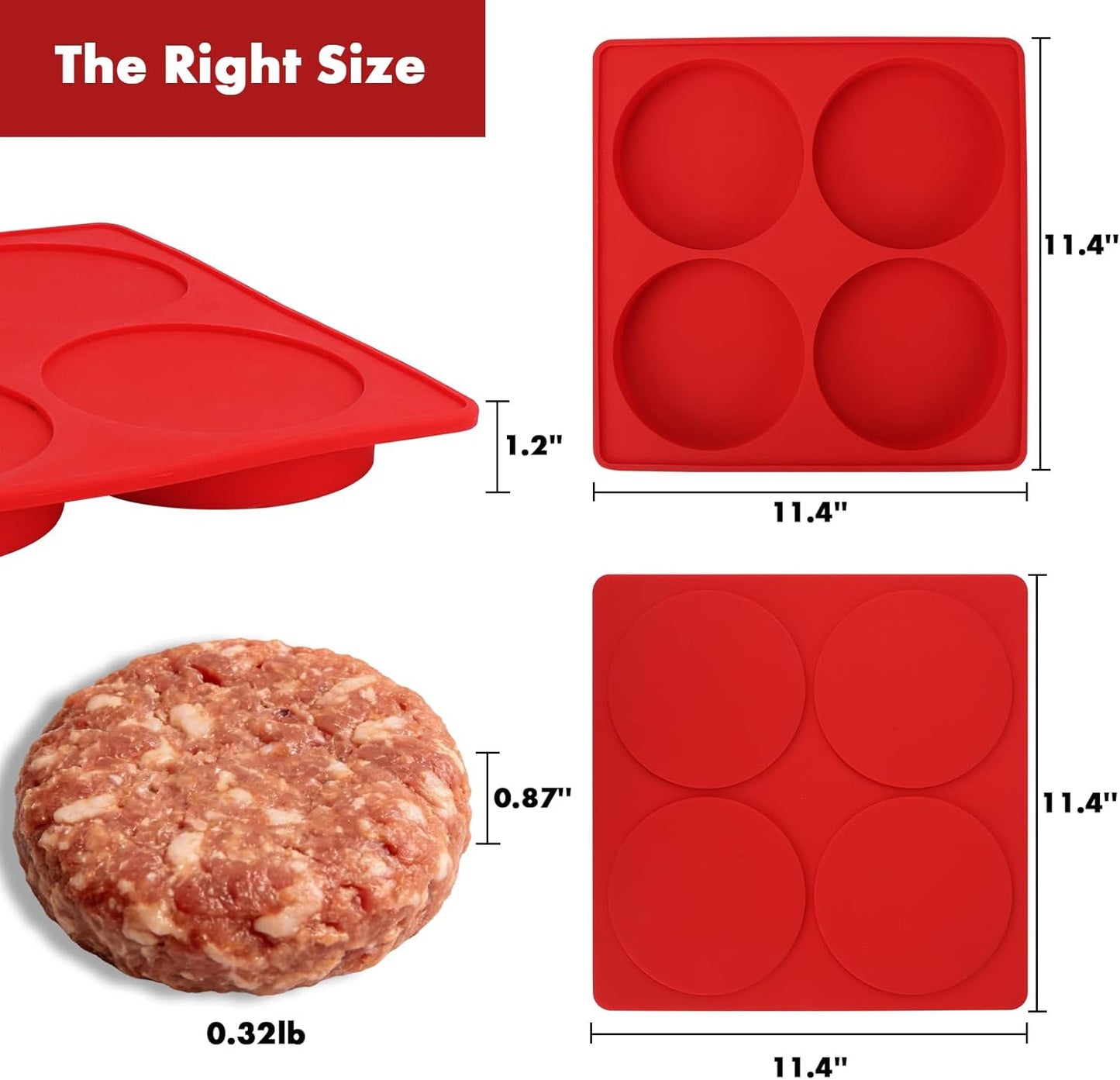 Silicone Burger Patty Maker & Freezer Tray, Grilling Cookware 4-Cavity Mold with Airtight Lid, Make 4 Perfect 4.7-Inch Patties at Once for Easy BBQ Prep & Freezer Storage