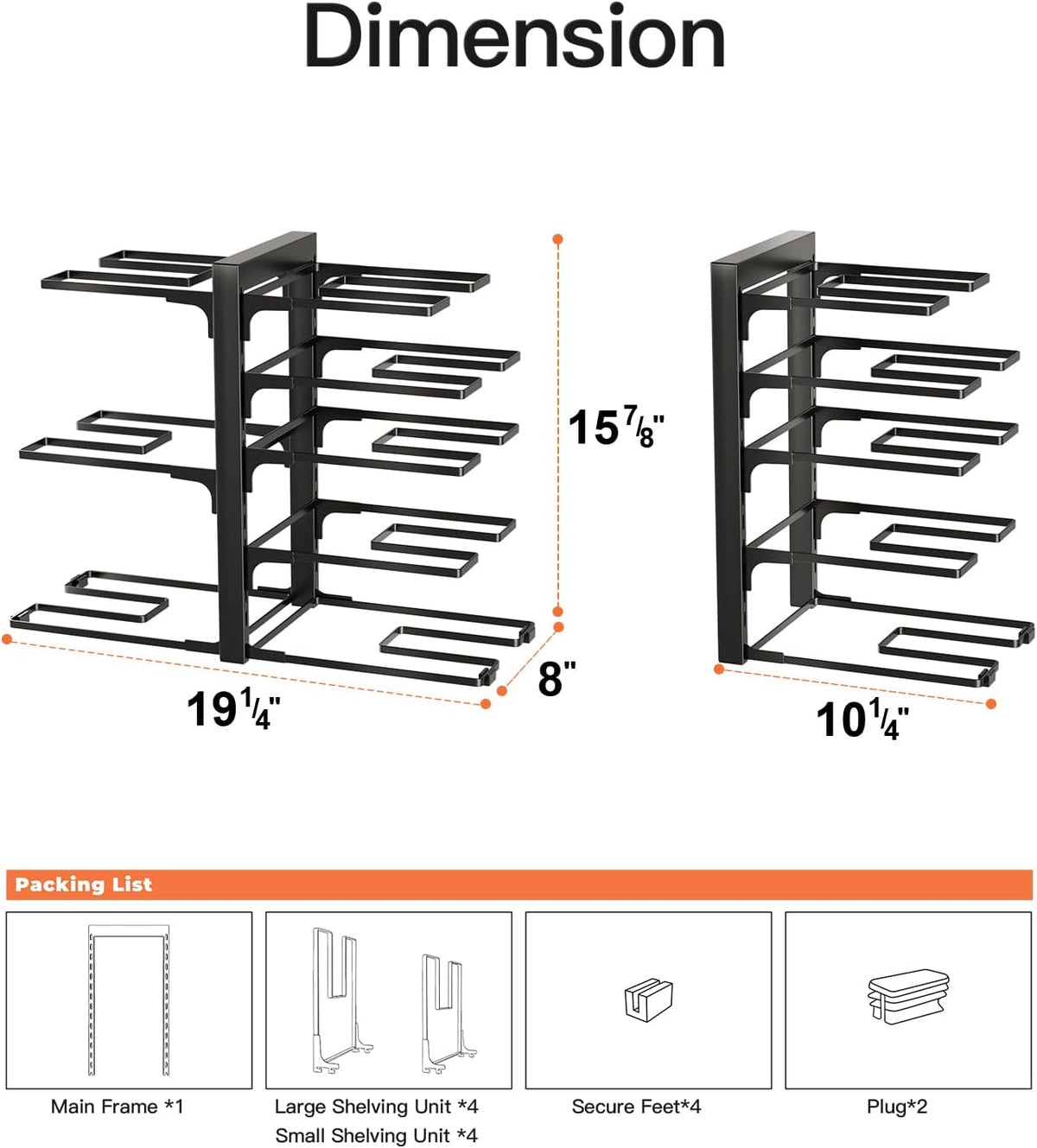 ORDORA Pots and Pans Organizer Under Cabinet 16.6", 8-Tier Adjustable Rack