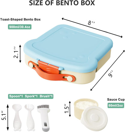 SAYAPE Kids Bento Lunch Box - Toast-Shaped 4-Compartment Lunchable Food Container with Sauce Cup, Utensils & Brush, BPA-Free, Reusable Snack Container with lid, Ideal for School & Travel - Blue