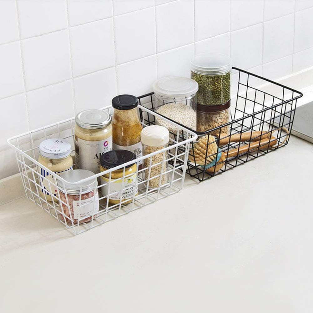 Metal Wire Storage Basket with Handles for Kitchen Food Pantry Papers Home Office Desk Shelf Bathroom Laundry Room Shelf Bedroom Bed Room, 2PCS (Black)