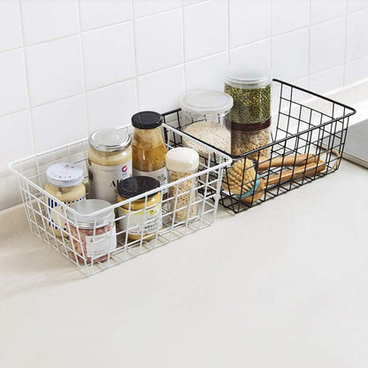 Metal Wire Storage Basket with Handles for Kitchen Food Pantry Papers Home Office Desk Shelf Bathroom Laundry Room Shelf Bedroom Bed Room, 2PCS (Black)
