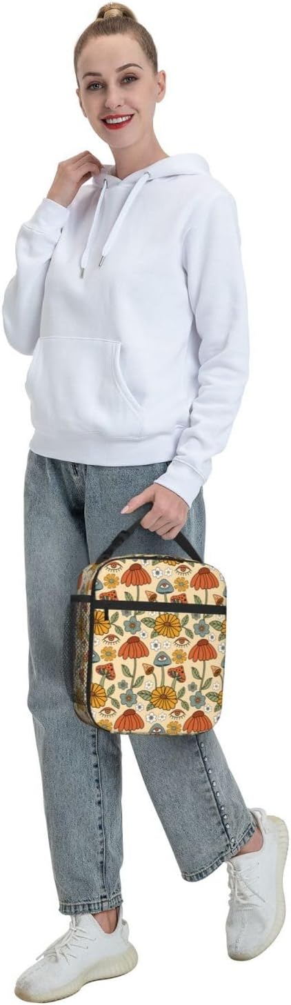 70s Retro Mushroom Floral Insulated Lunch Bag Reusable Cooler Lunch Box Portable Leakproof Thermal Container Tote Bags for Girls Boys School Travel