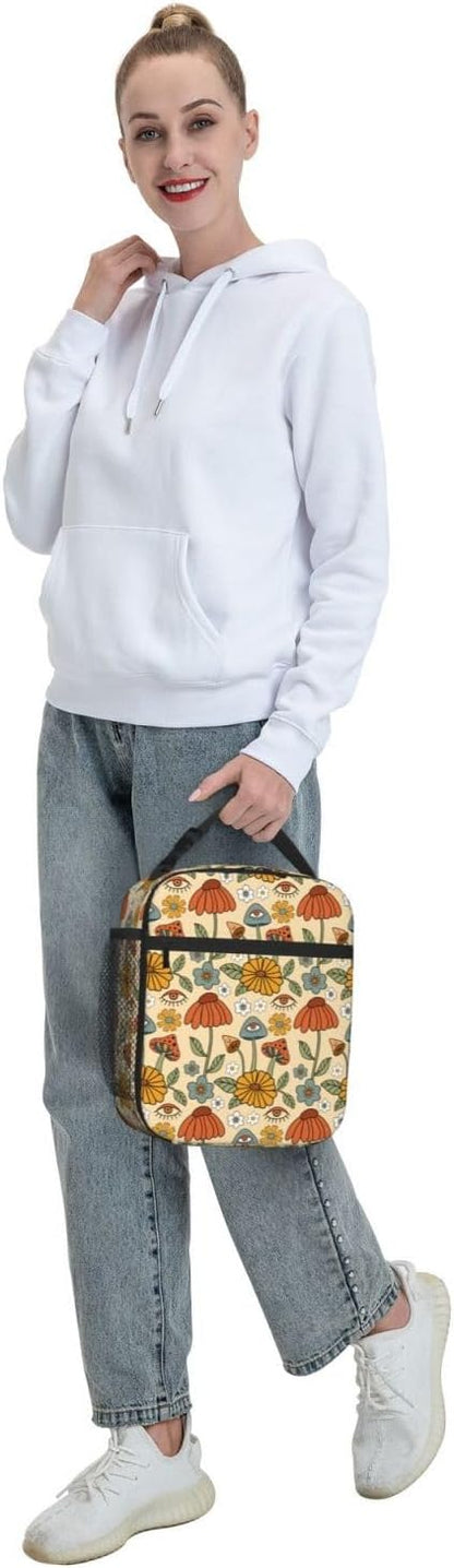 70s Retro Mushroom Floral Insulated Lunch Bag Reusable Cooler Lunch Box Portable Leakproof Thermal Container Tote Bags for Girls Boys School Travel
