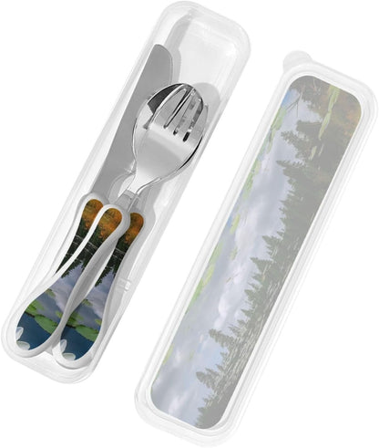 3-Piece Kids Silverware Set With Storage Case, Stainless Steel Reusable Children Safe Knife Spoon Fork Set Blue Active Girl Running Sunset Children Flatware Set For Kids Lunch Box - Colors B
