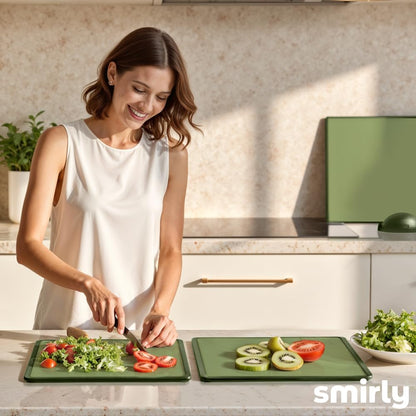 SMIRLY Plastic Cutting Board Set with Holder 3 Pieces, Non-Slip Dishwasher Safe Chopping Boards for Kitchen (Cream White)