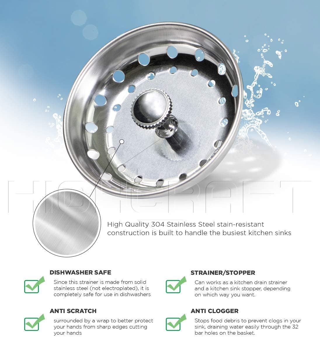 Highcraft 97333 Kitchen Sink Basket Strainer Replacement for Standard Drains (3.25 Inch) Chrome Plated Stainless Steel Body With Rubber Stopper, 3.25"