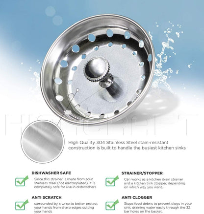 Highcraft 97333 Kitchen Sink Basket Strainer Replacement for Standard Drains (3.25 Inch) Chrome Plated Stainless Steel Body With Rubber Stopper, 3.25"