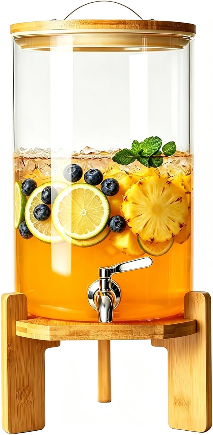 Beverage Dispenser, 4Gallon Glass Drink Dispenser with Stand, Stainless Steel Spigot, Ideal for Parties, Bars, Restaurants (15L/4 Gallon)