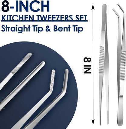 Gutsdoor Kitchen Tweezers Set Stainless Steel Tongs Tweezers Set of 2 with Precision Serrated Tips for Cooking (8 Inch Set)