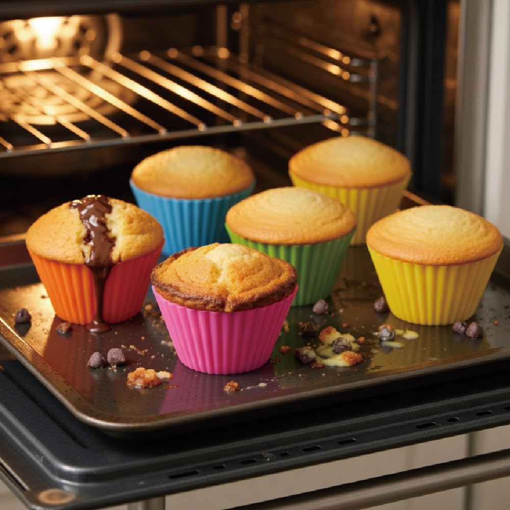 Premium Reusable 30 Pcs Silicone Baking Muffin Cups - 6 Bright Rainbow Colors, Food Grade Non-Stick Liners, Cupcake Molds