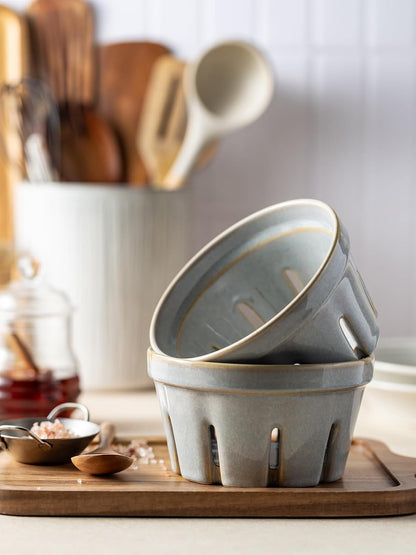 Gomakren Berry Bowls with Holes Ceramic, Berry Washing Bowl Basket Set of 2, 5.8 Inch Round Fruit Bowl Storage Containers, Strawberry Baskets, Farmhouse Kitchen Decor, Yellow + Brown