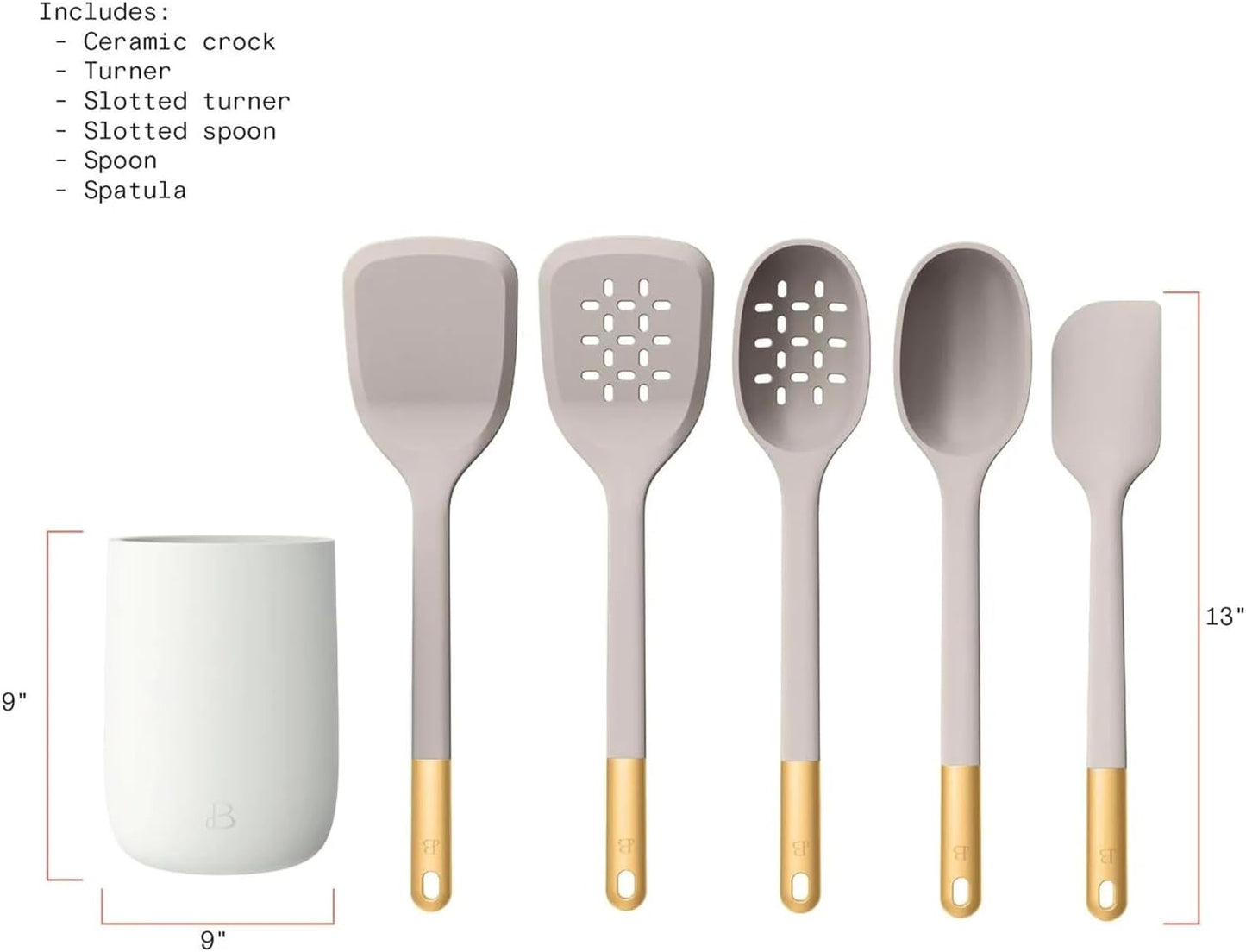 6 Piece Silicone Kitchen Utensil Set with Holder, Heat Resistant Cooking Tools, Nonstick Safe Spatula Spoon Turner Set with Ceramic Storage Crock