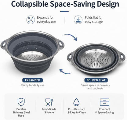 Mejoncb Collapsible Colander – Platinum Silicone Strainer with Stainless Steel Base, BPA-Free & Heat Resistant Kitchen Drain Basket (Gery)