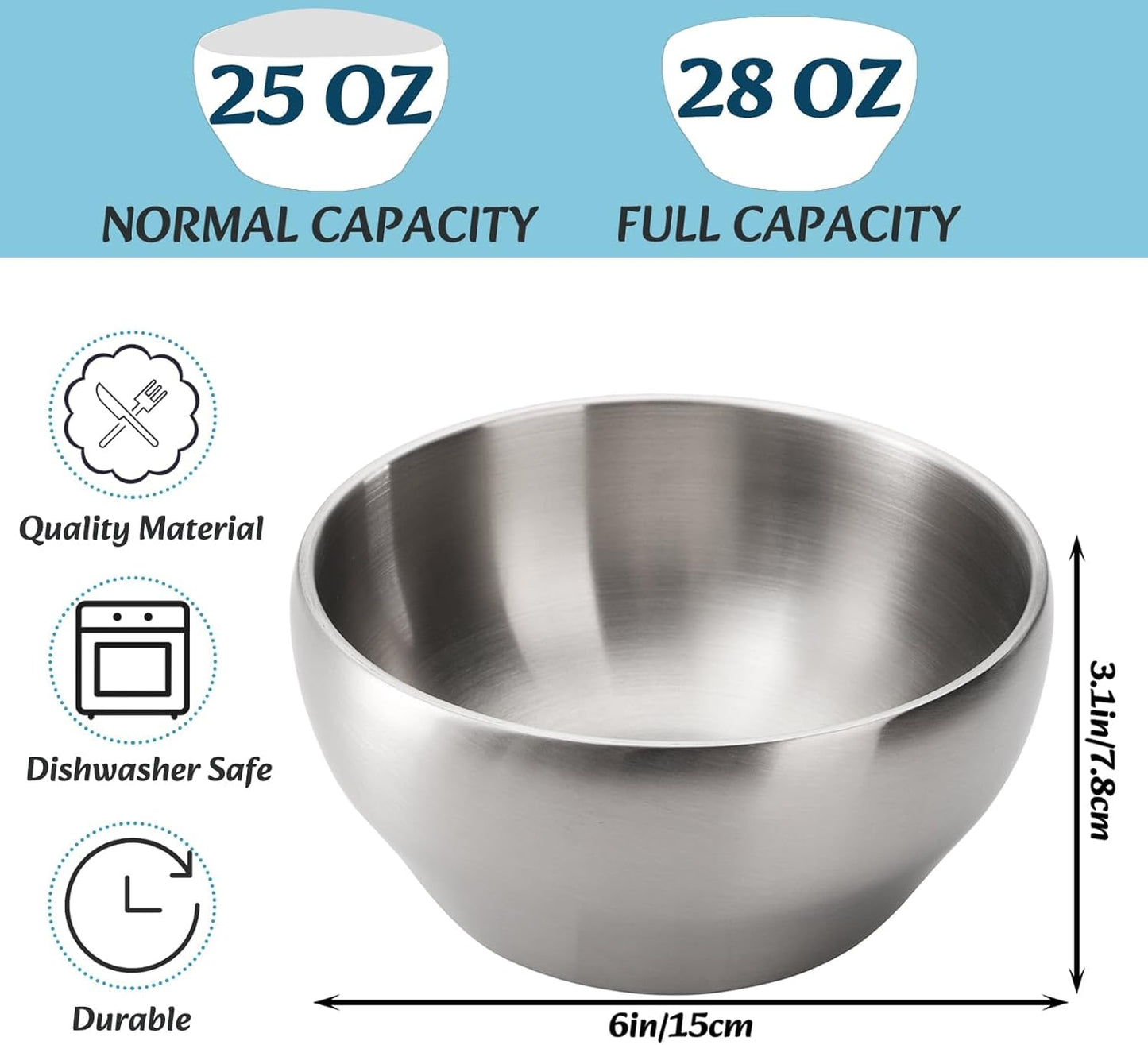 Youeon 3 Pack 28 Oz SUS304 Brushed Stainless Steel Bowls, Double Wall Insulated Bowls, Stainless Steel Soup Bowl for Cereal, Ice Cream, Noodle, 6 Inch Bowl Set for Serving, Dishwasher Safe