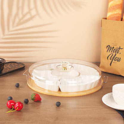 Divided Snack Tray with Lid, 5 Removable Snack Deli Containers with 4 Forks for Party Serving Plate, Fruit Tray with Dips, Snacks, Reusable for Meal Prep, 12.6 Inch