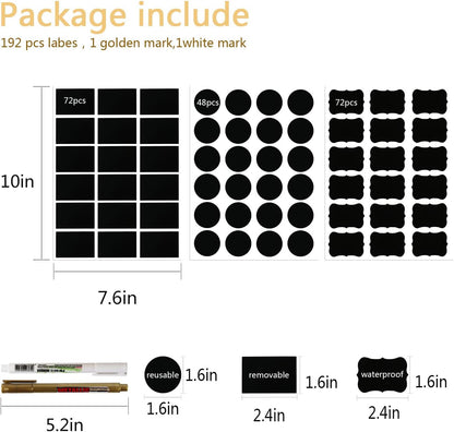 Chalkboard Labels, Removable Blackboard Label Stickers 192PCS with 2 Free Chalk Markers, Waterproof Reusable Labels for Food Containers, Mason Jars, Pantry, Bottles