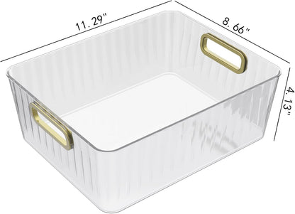 4 Packs Clear Plastic Storage Bins, Pantry, Home, Kitchen, Office, Cabinet, Shelf and Fridge Organizer Basket Bin with Handle