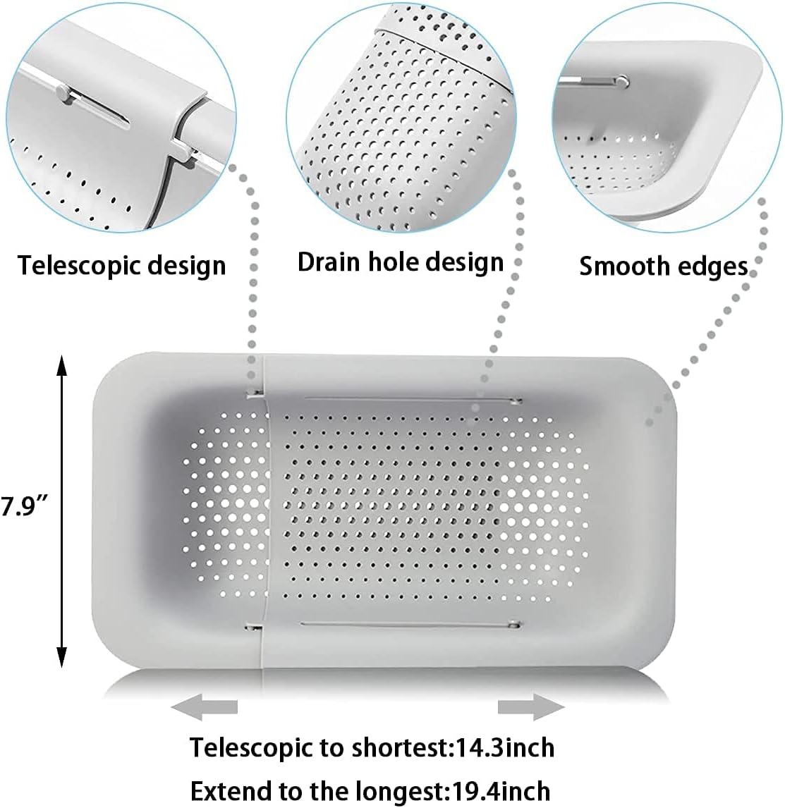 KesaPlan Collapsible Sink Colanders and Strainers Basket Over the Colander Extendable Plastic Fruit Vegetable Strainer Drainer for Kitchen(Length 14.3-19.4 inch)(Gray Set of 2)