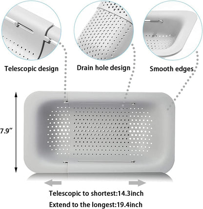 KesaPlan Collapsible Sink Colanders and Strainers Basket Over the Colander Extendable Plastic Fruit Vegetable Strainer Drainer for Kitchen(Length 14.3-19.4 inch)(Gray Set of 2)