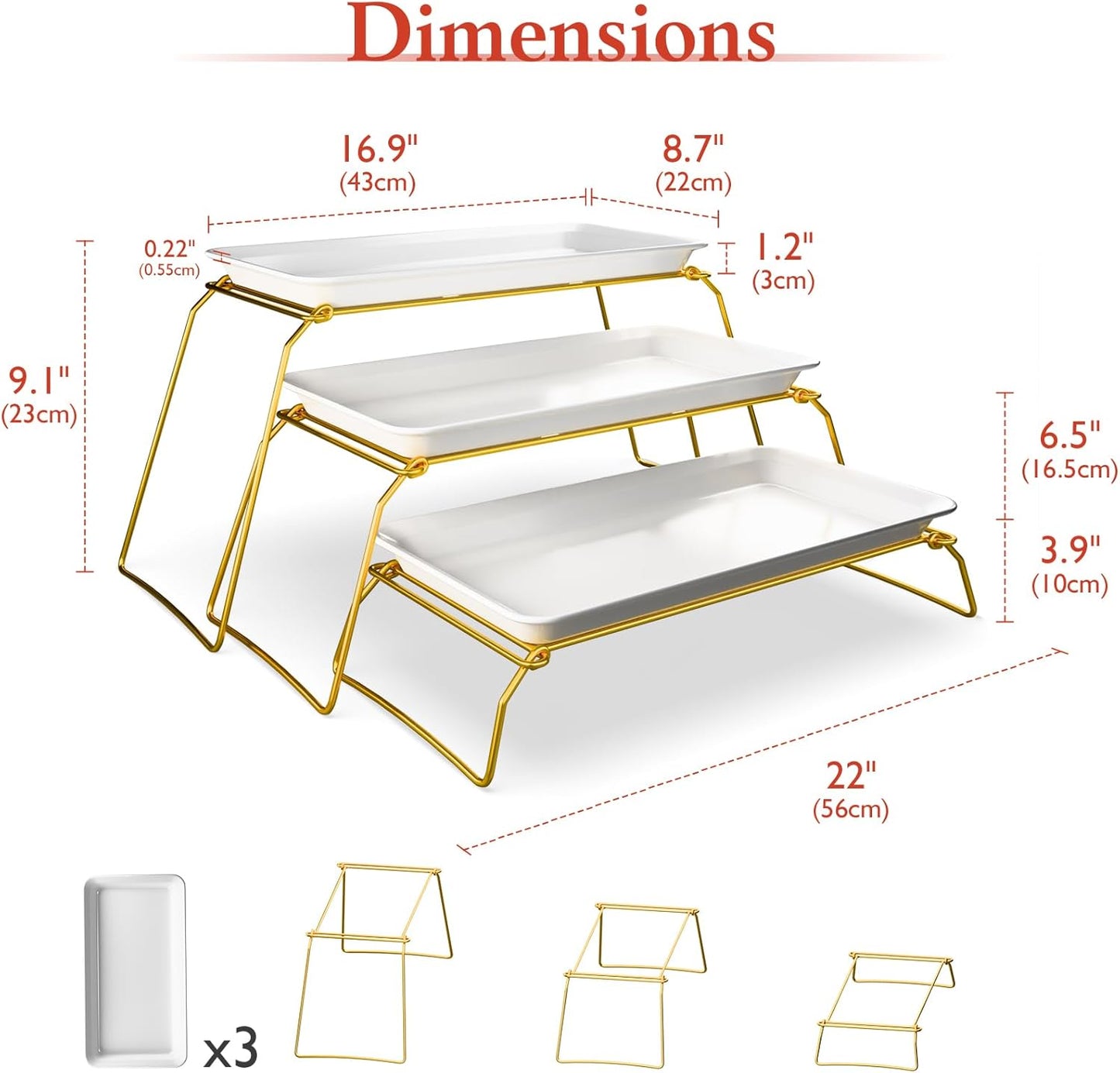 3-Tier Melamine Serving Tray Set, 11.5" x 5.6" Platters for Serving Food, Black Reusable Trays with Black Metal Display Stand for Cupcakes, Sevring Food, Dessert, Fruit, Cookie, Gold