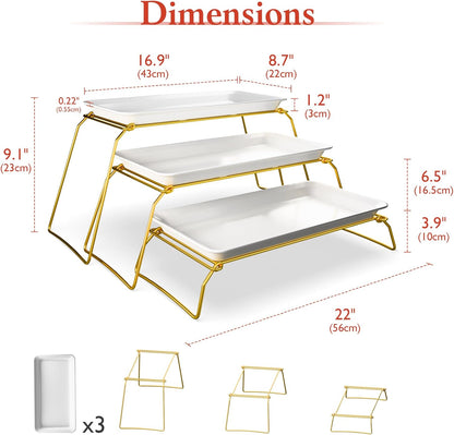 3-Tier Melamine Serving Tray Set, 11.5" x 5.6" Platters for Serving Food, Black Reusable Trays with Black Metal Display Stand for Cupcakes, Sevring Food, Dessert, Fruit, Cookie, Gold